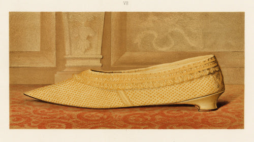 Lady Mary Mordaunt's yellow silk shoe; from T. Watson Greig, from 'Ladies' Old-fashioned shoes', 1885
