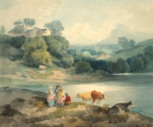 Figures and cattle by a lake