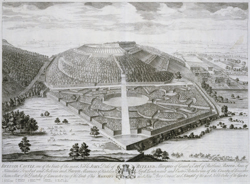 Belvoir Castle, [Leicestershire]: bird's-eye view, from Thomas Badeslade and John Rocque's 'Vitruvius Brittanicus, volume the fourth',  London 1739