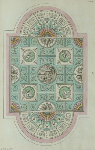 Design for a hall ceiling from A Book of Ceilings composed in the style of the Antique Grotesque, London 1776 (plate XXXIII)